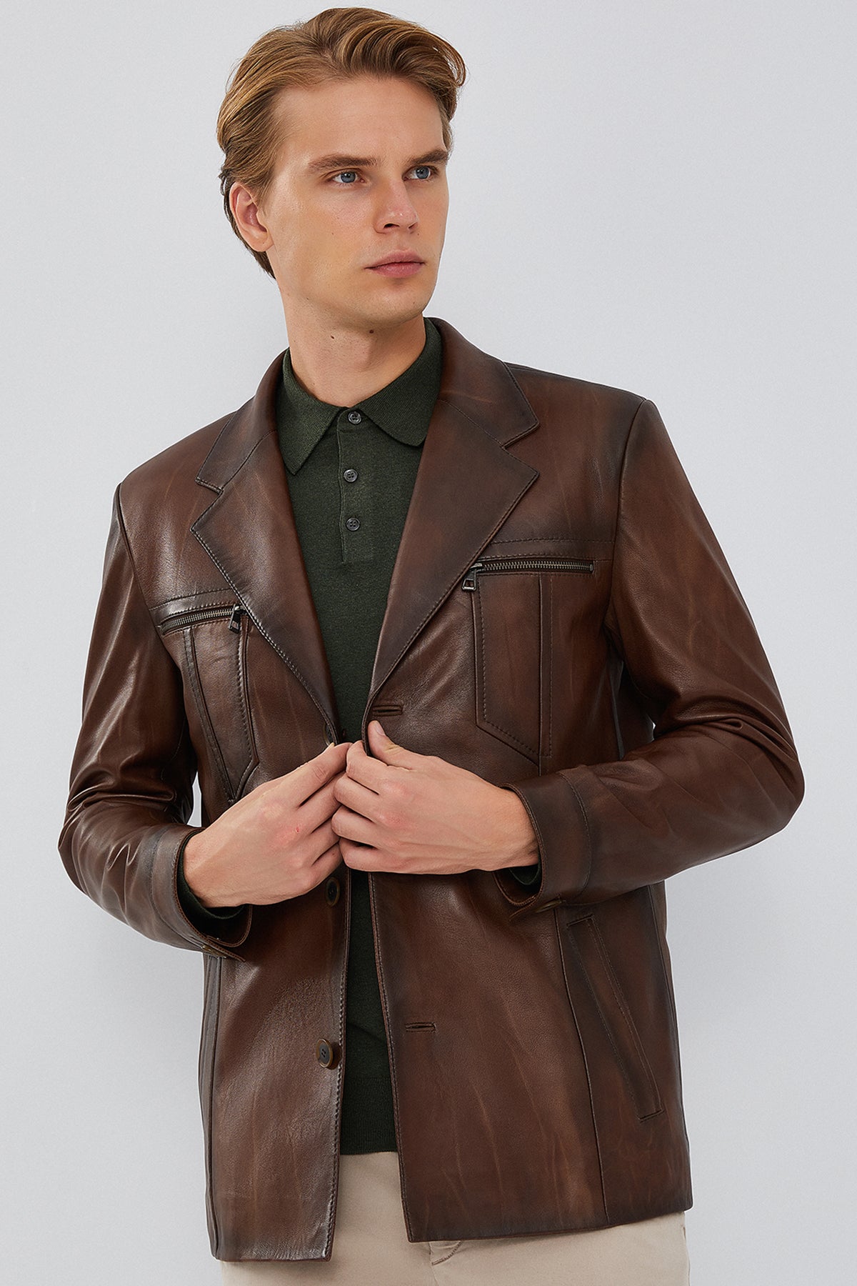 Bernard Men's Brown Blazer Leather Jacket 23WGE6495L7 | Derimod