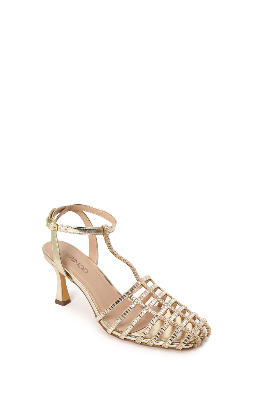 Woman Gold Ankle Buckle Open-Back Stiletto High Heel