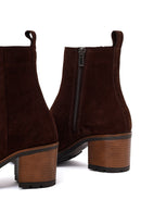 Woman Brown Zip Closure Chunky Heeled Suede Casual Boots | Derimod