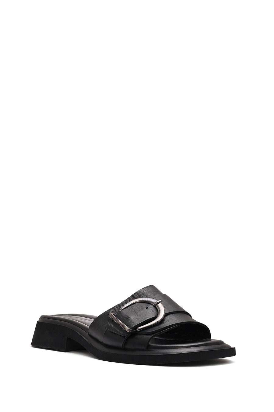 Women's Black Buckle Leather Slippers