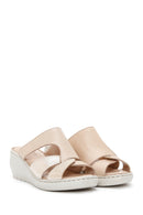 Women's Beige Leather Wedge Heel Comfort Slippers | Derimod