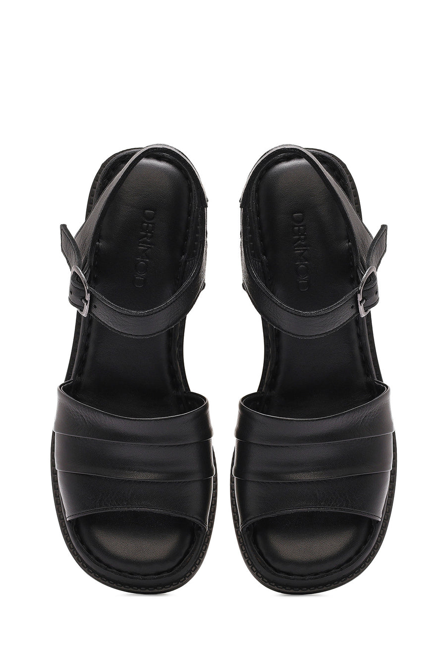 Women's Black Ankle Strap Thick Heel Leather Sandals