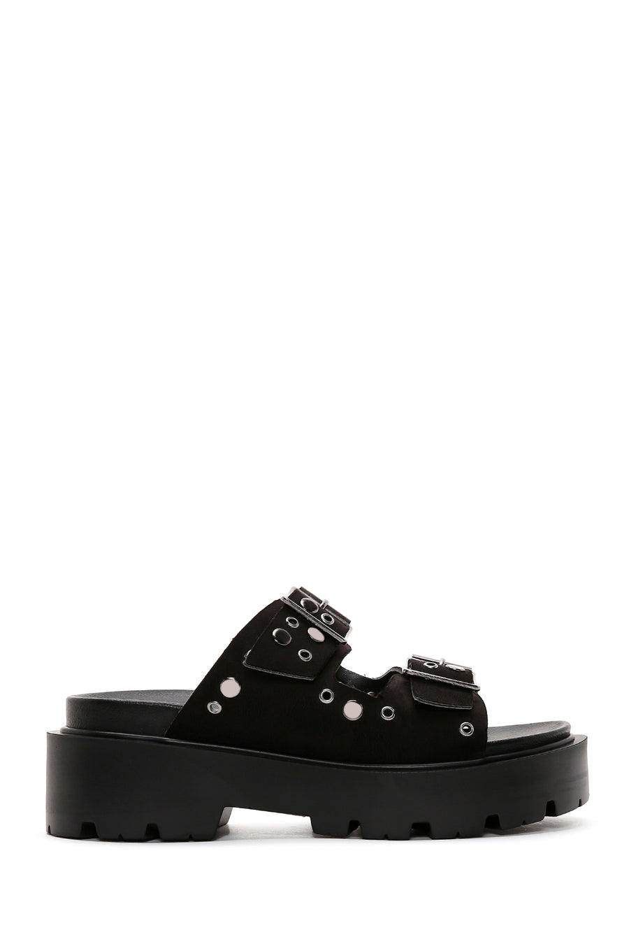 Women's Black Suede Double Buckle Thick Soled Slippers 23SFE401210 | Derimod
