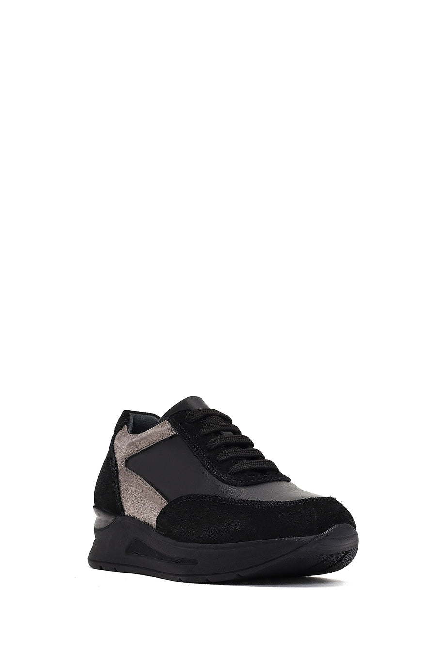 Kadın Siyah Bağcıklı Dolgu Topuklu Deri Sneaker