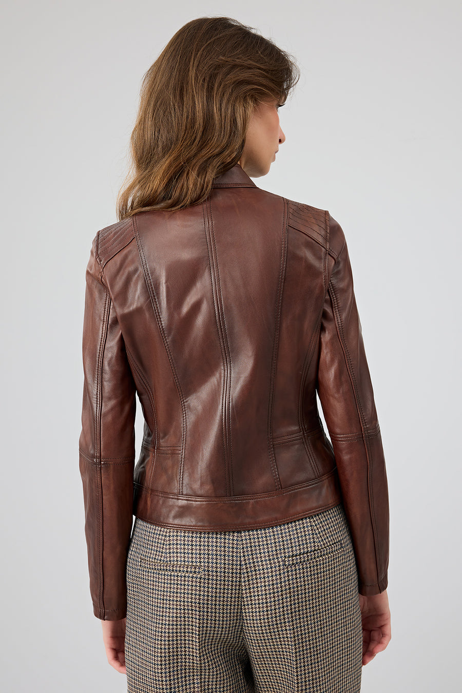 Kylie Women's Brown Mandarin Collar Leather Jacket