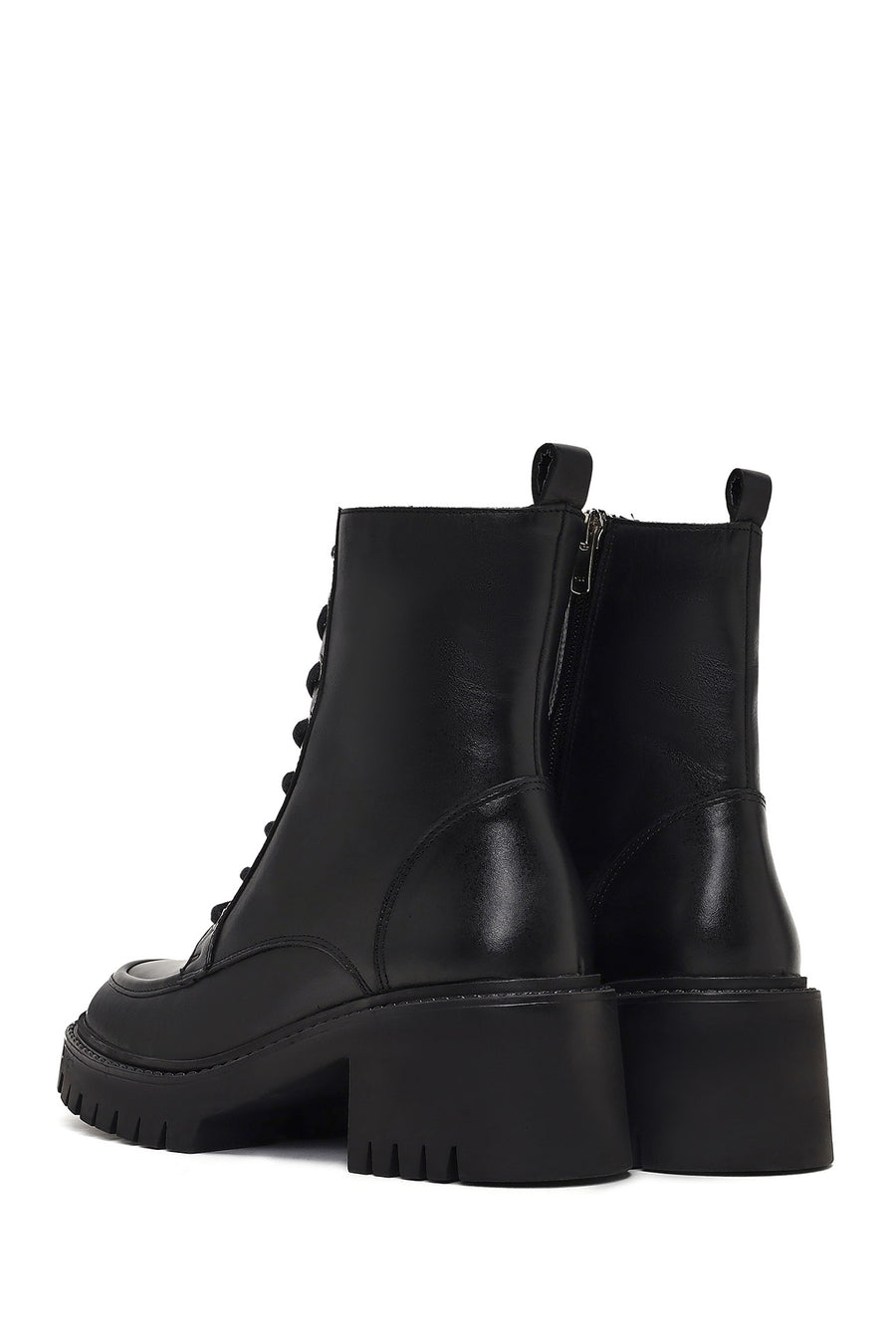 Women's Black Zippered Thick Heeled Leather Ankle Boots