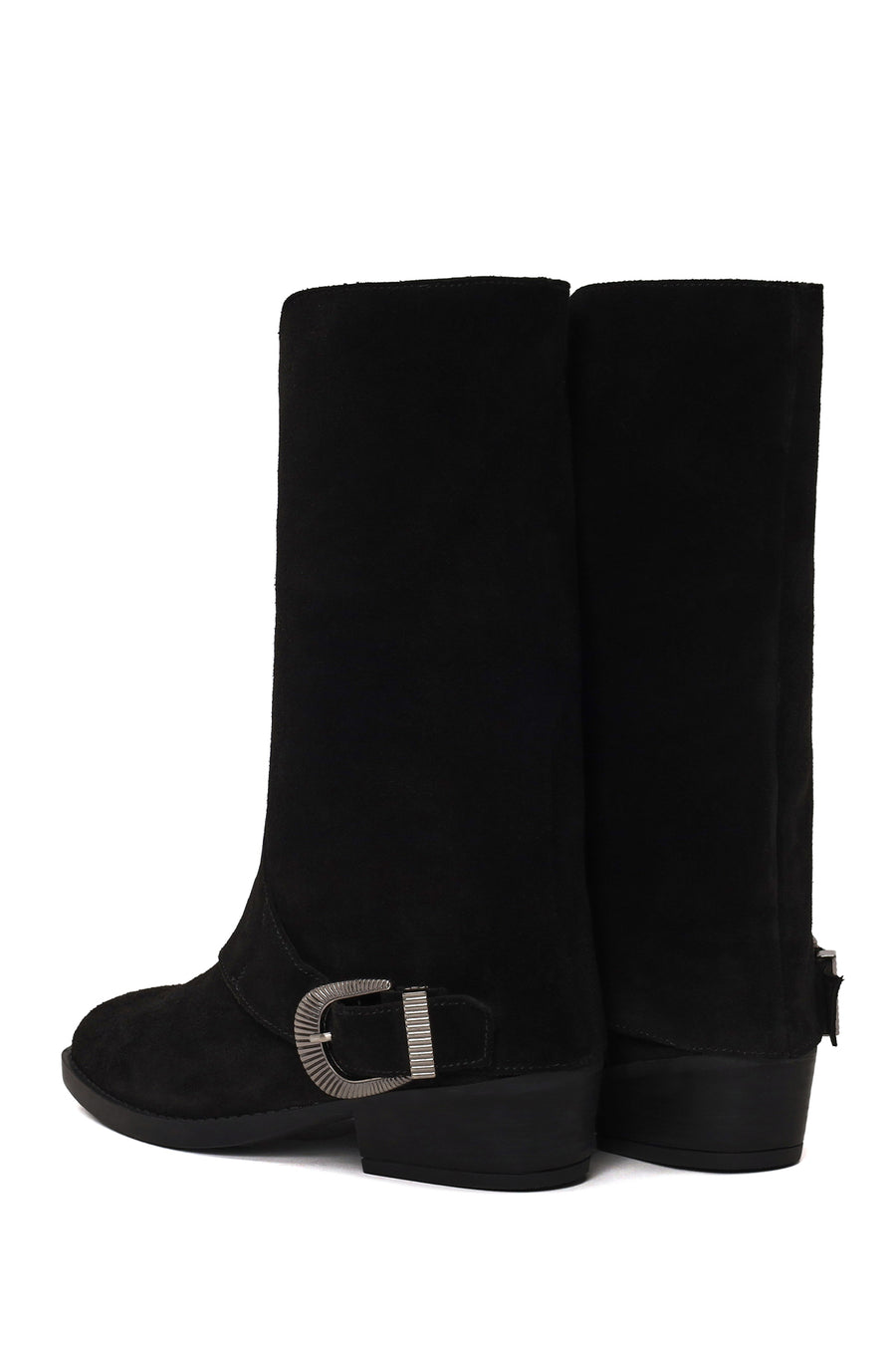 Woman Black Buckled Short Thick-Heeled Suede Boot
