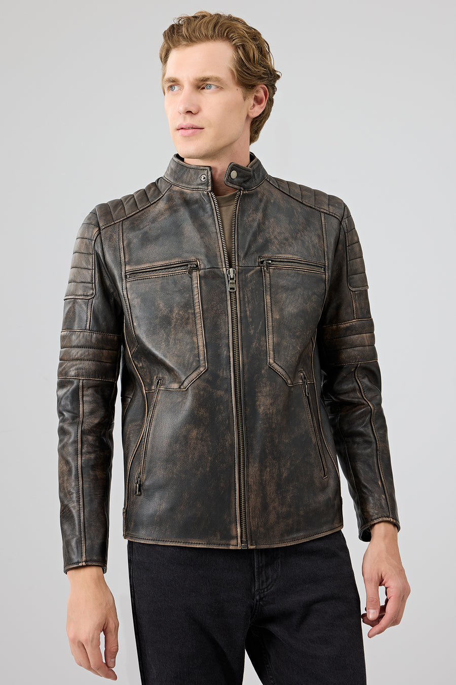 Morant Erkek Kahverengi Vintage Slim-Fit Deri Ceket 24WGF6554G6 | Derimod