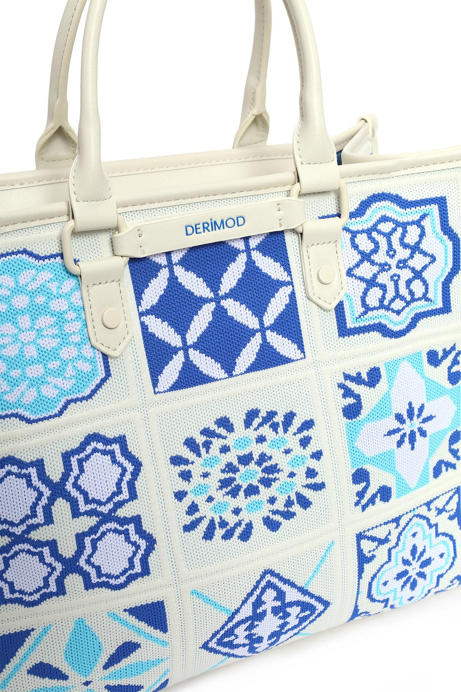Woman Blue Long Strap Patterned Fabric Shoulder Bag