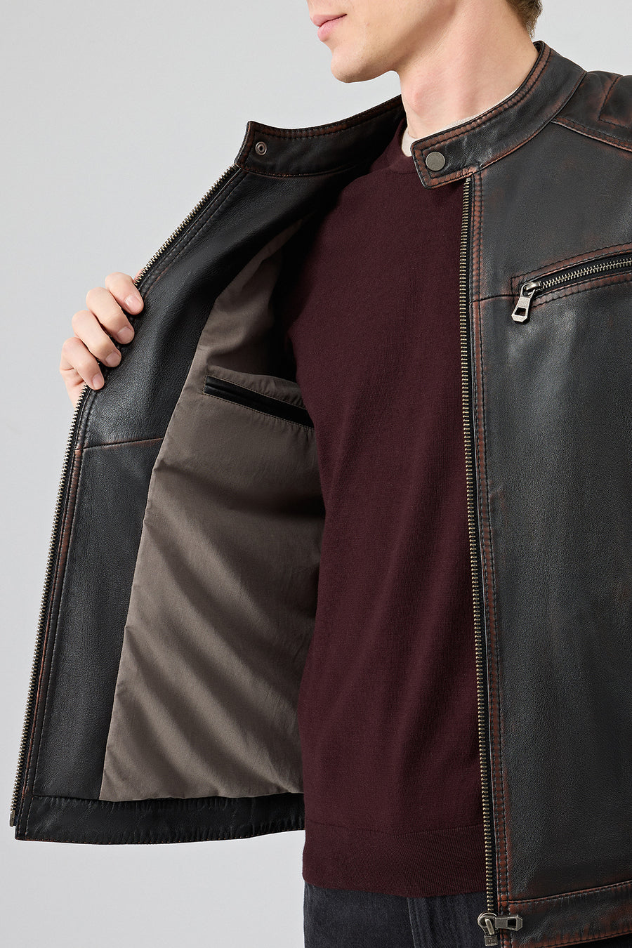 Leonard Men's Brown Vintage Slim-Fit Leather Jacket