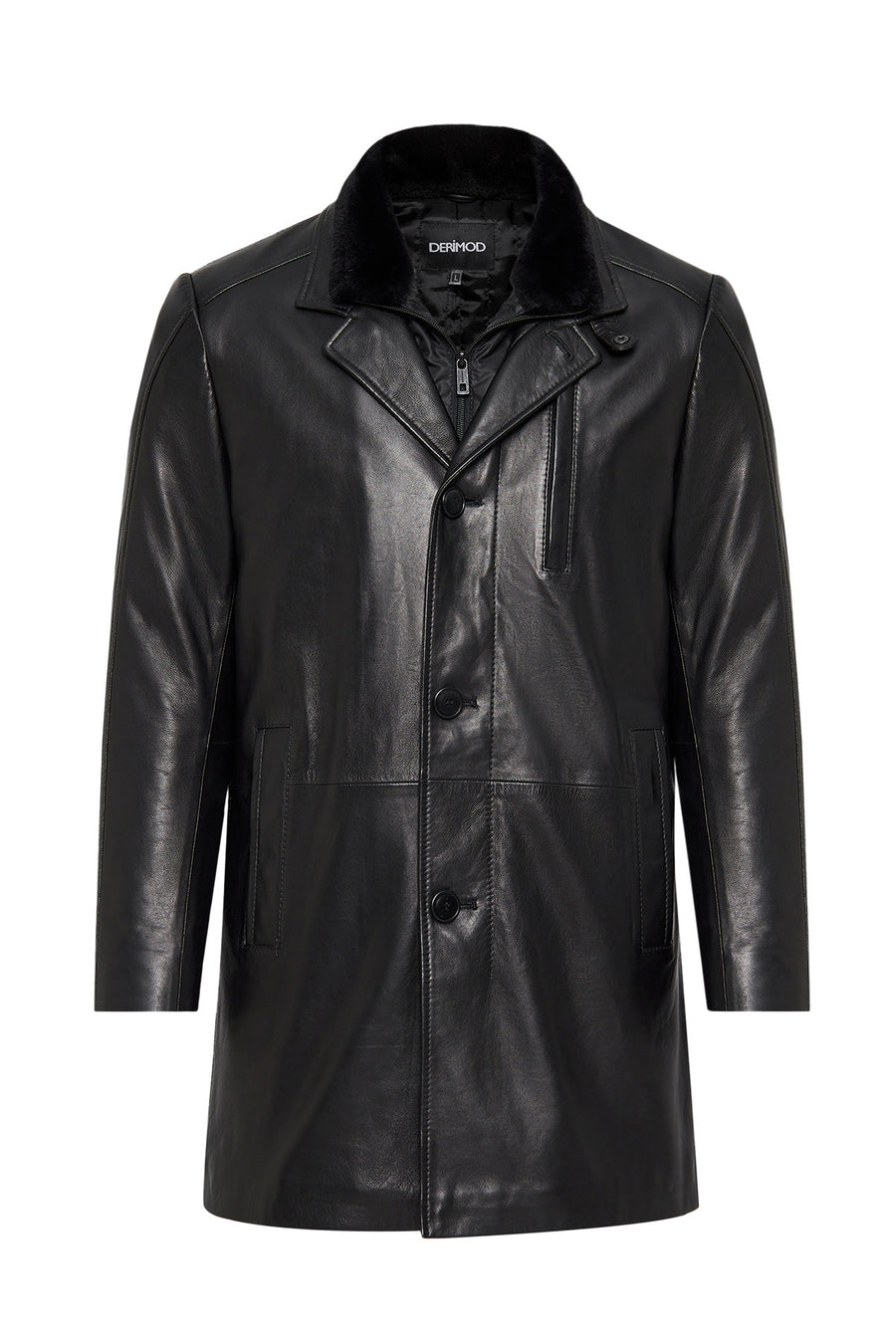 Barella Men's Black Collar Furry Leather Trench Coat