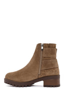 Women's Brown Zippered Thick Heel Suede Leather Boots | Derimod