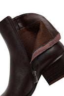 Woman Brown Zip Closure Short Thick-Heeled Leather Cowboy Boots | Derimod