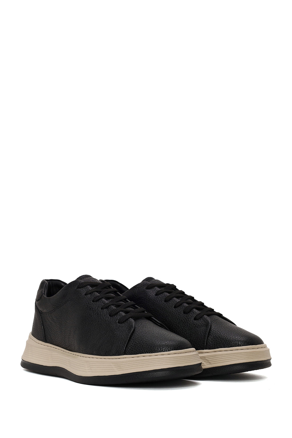 Erkek Siyah Bağcıklı Kalın Tabanlı Deri Sneaker