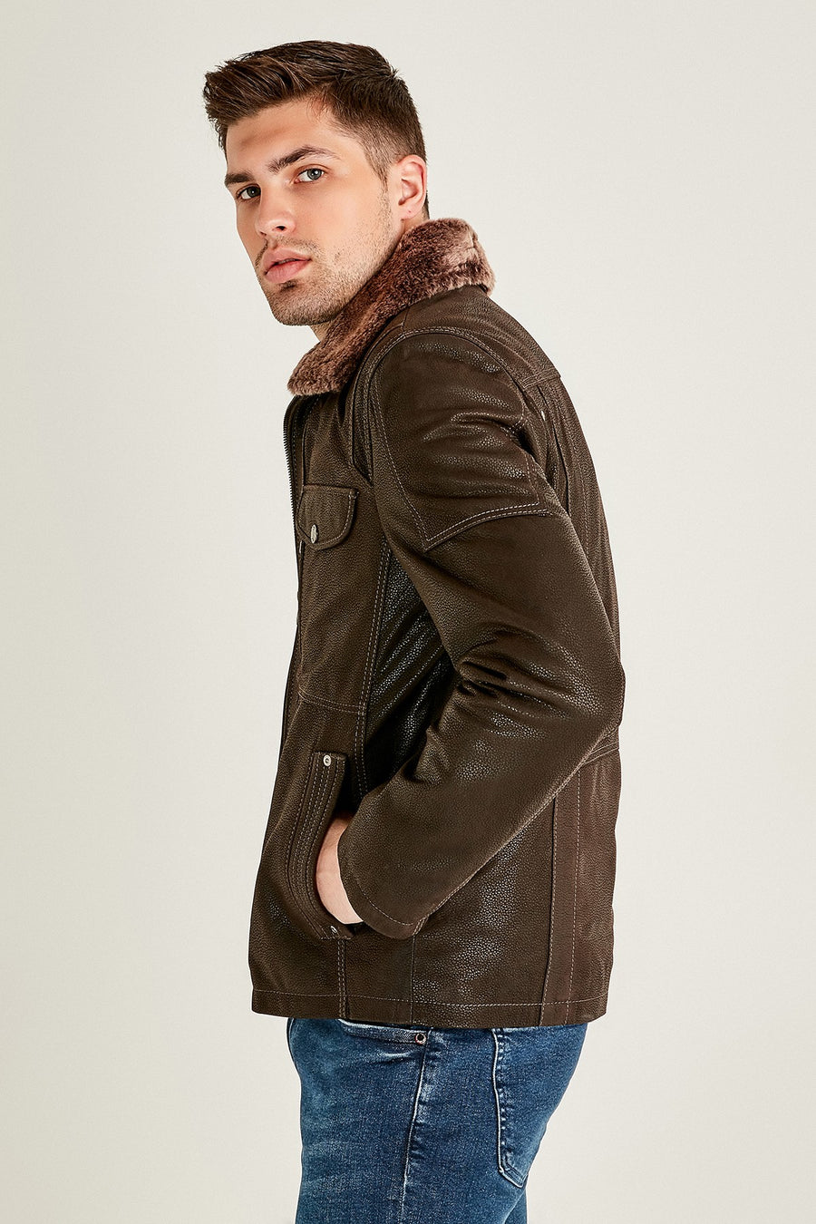 Angelo Men's Brown Leather Jacket with Fur Collar