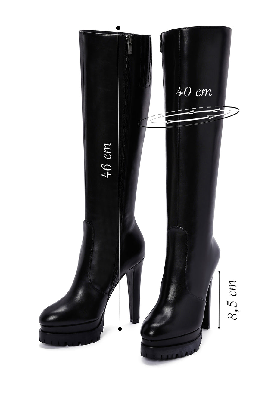 Women's Black Zippered High Heel Platform Leather Boots