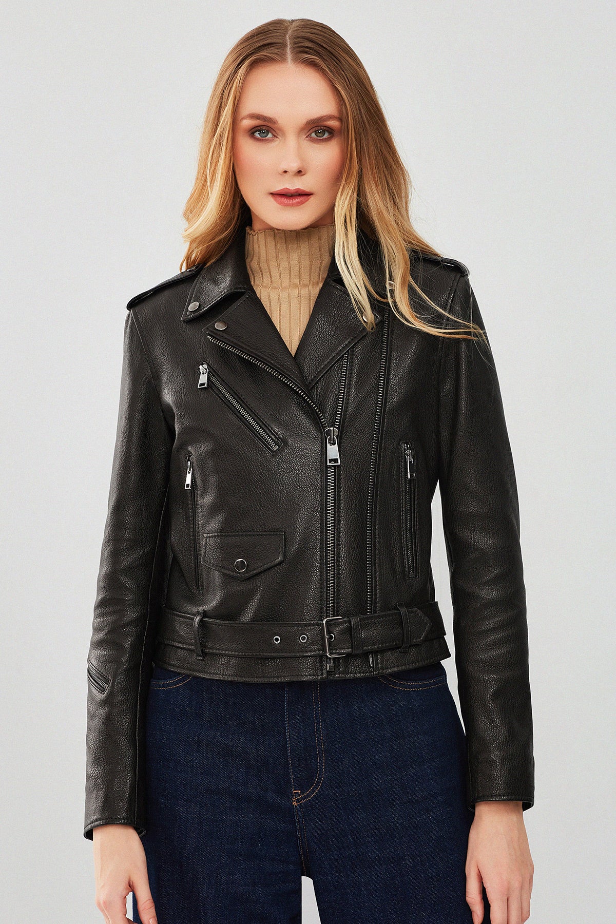 London Women's Black Biker Leather Jacket 23WGD5146JB | Derimod