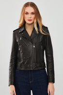 London Women's Black Biker Leather Jacket | Derimod