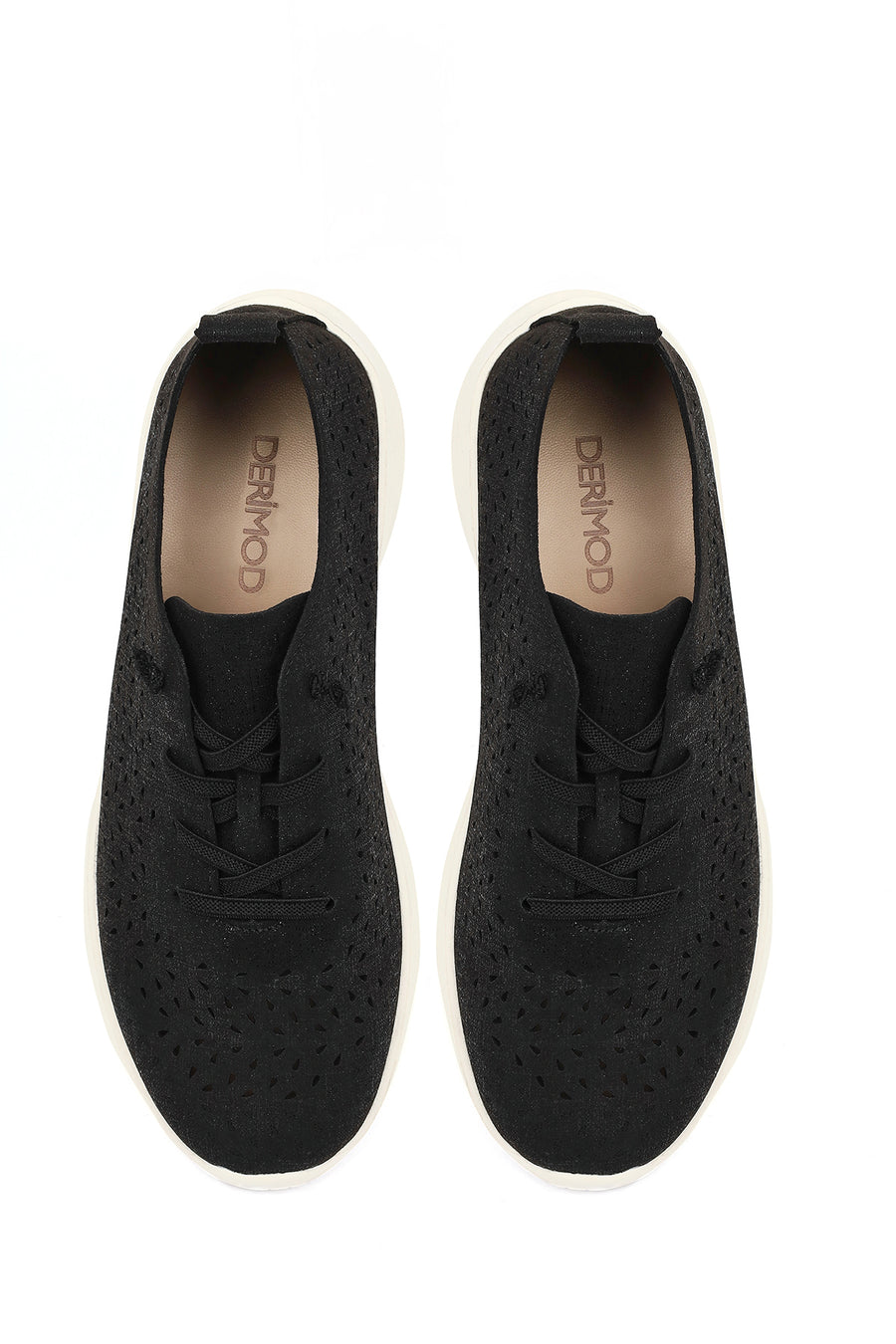 Women's Black Lace-Up Chunky Sole Patterned Fabric Comfort Sneaker