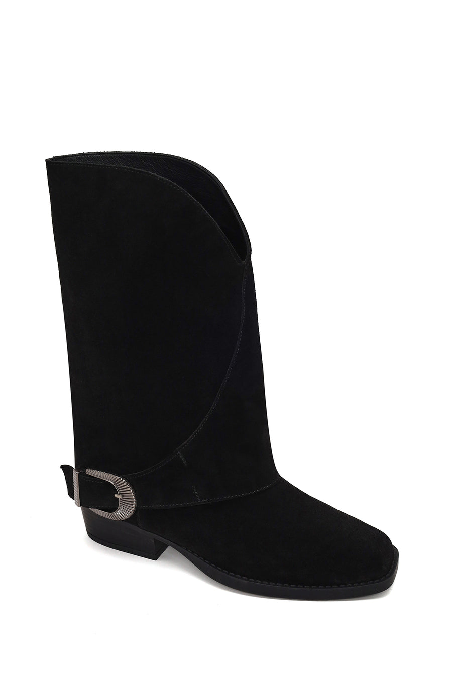Woman Black Buckled Short Thick-Heeled Suede Boot