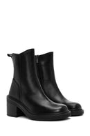 Women's Black Zippered Thick Heeled Leather Boots | Derimod