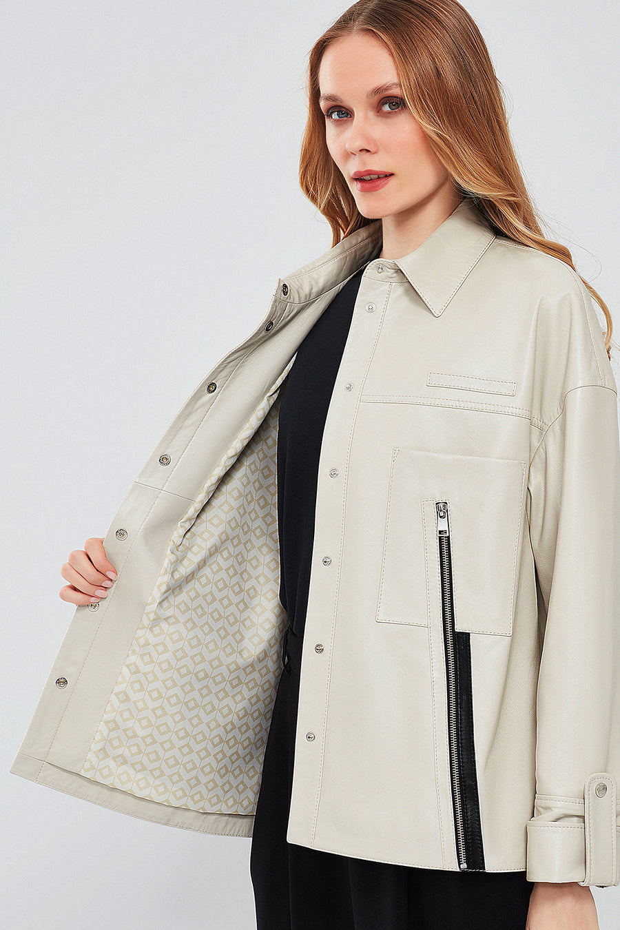Farrah Women's Beige Oversize Leather Jacket