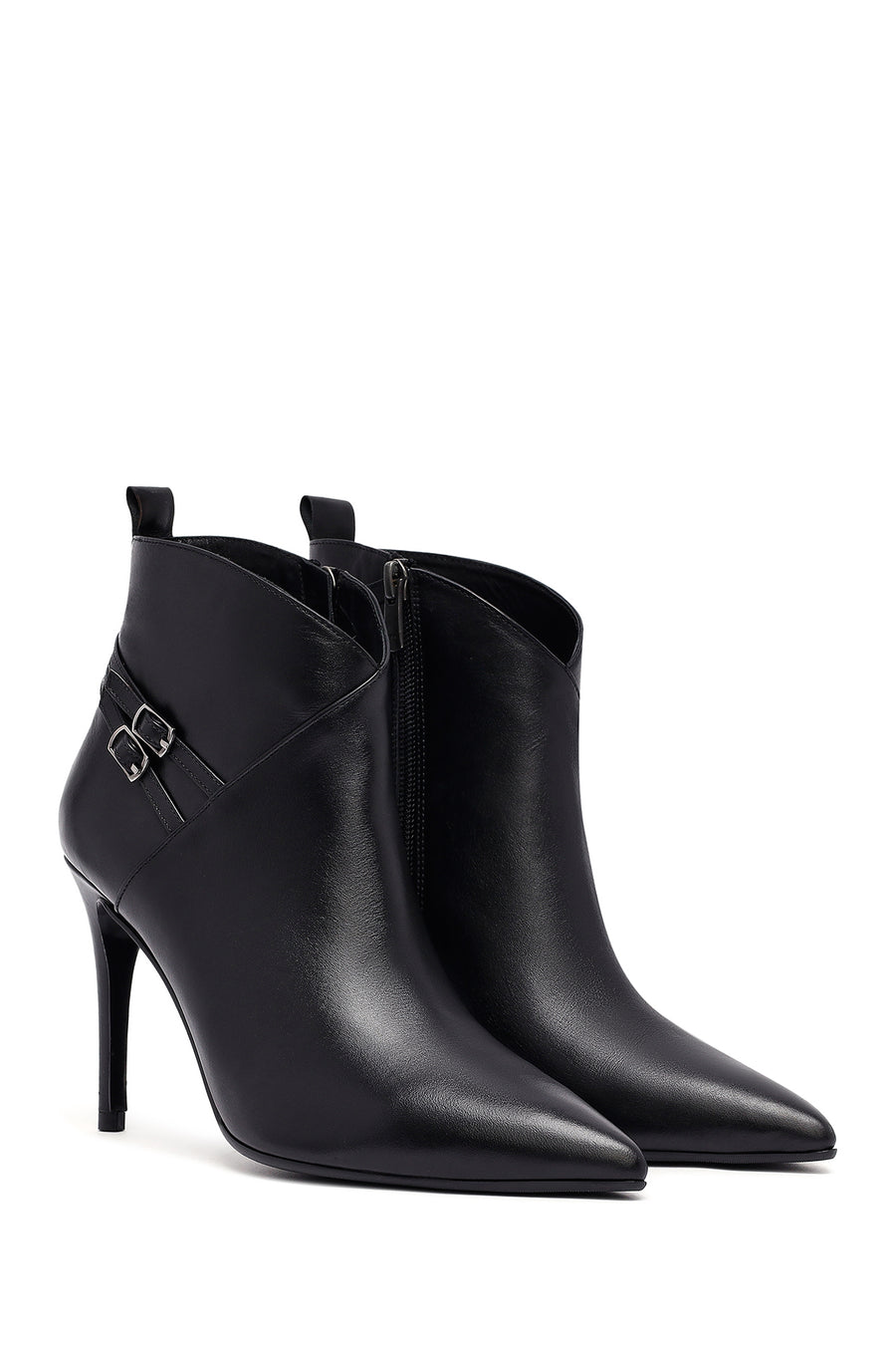 Woman Black Zippered Stiletto Heels Leather Boat