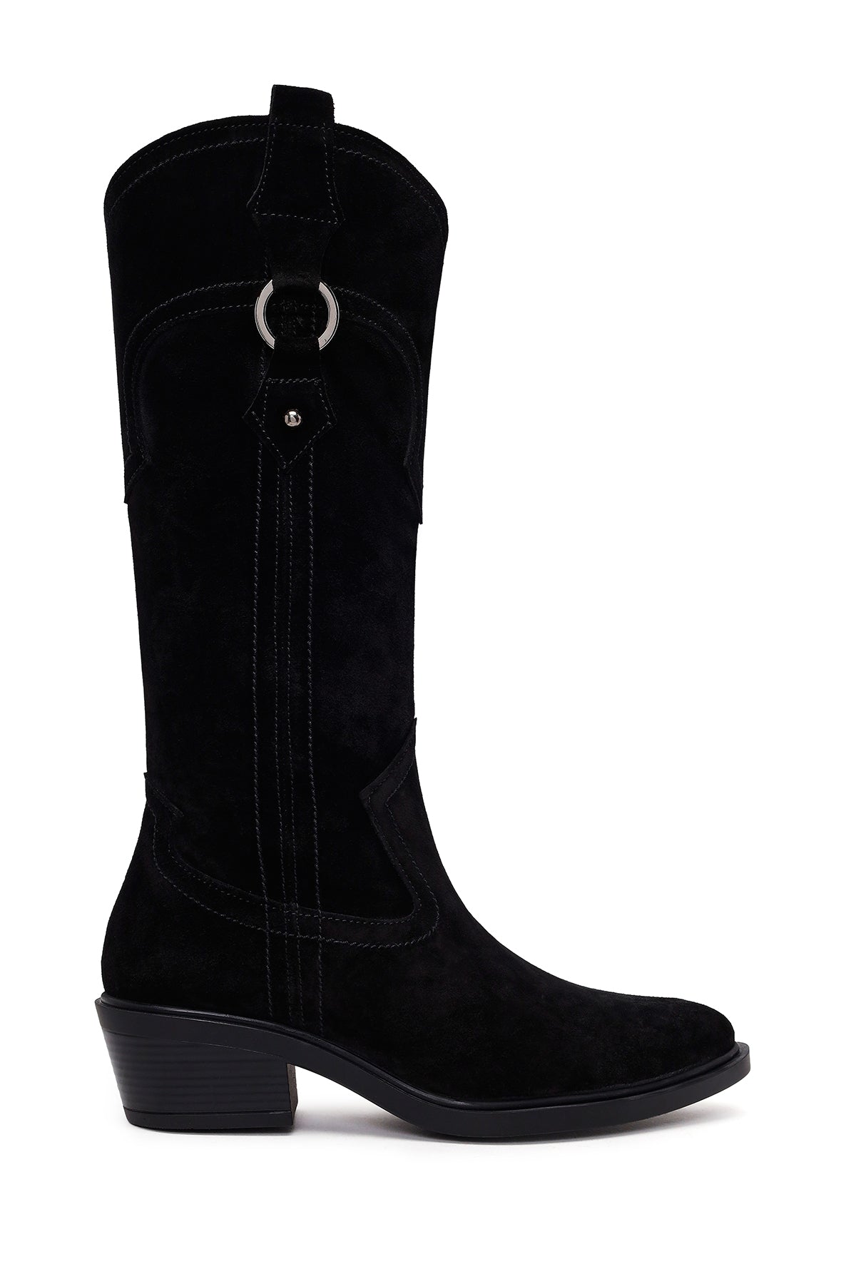 Woman Black Short Thick-Heeled Suede Cowboy Boots AF190037DS | Derimod