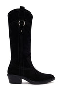 Woman Black Short Thick-Heeled Suede Cowboy Boots | Derimod