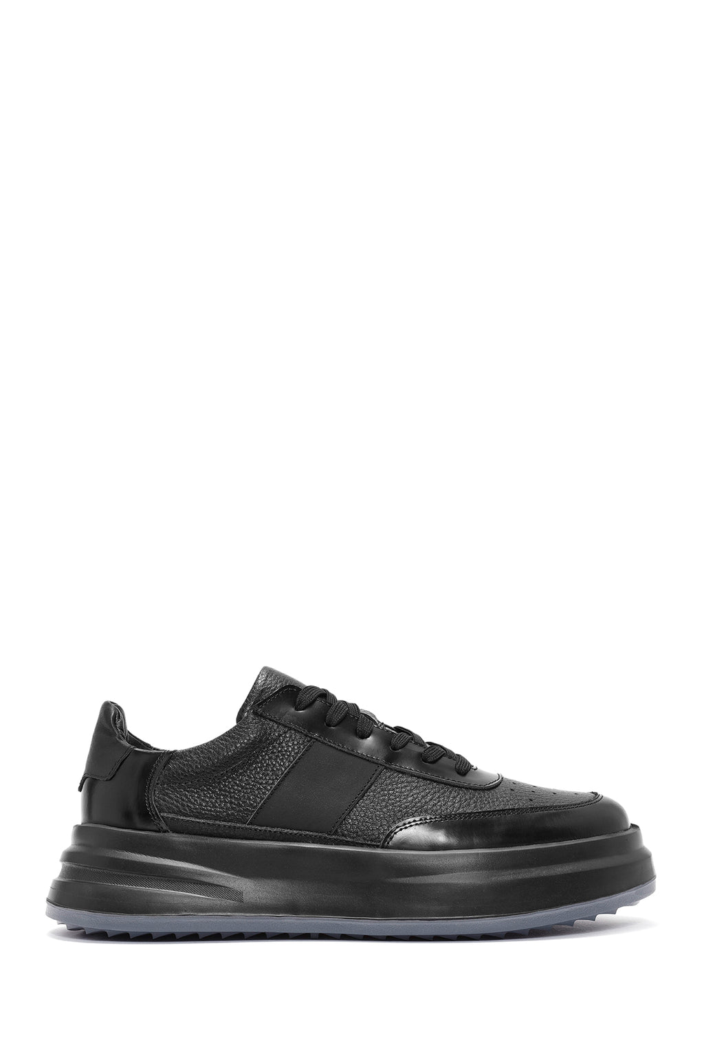Erkek Siyah Bağcıklı Kalın Tabanlı Deri Sneaker