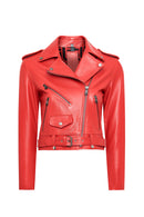 Newage Kadın Kırmızı Slim-Fit Biker Deri Ceket | Derimod