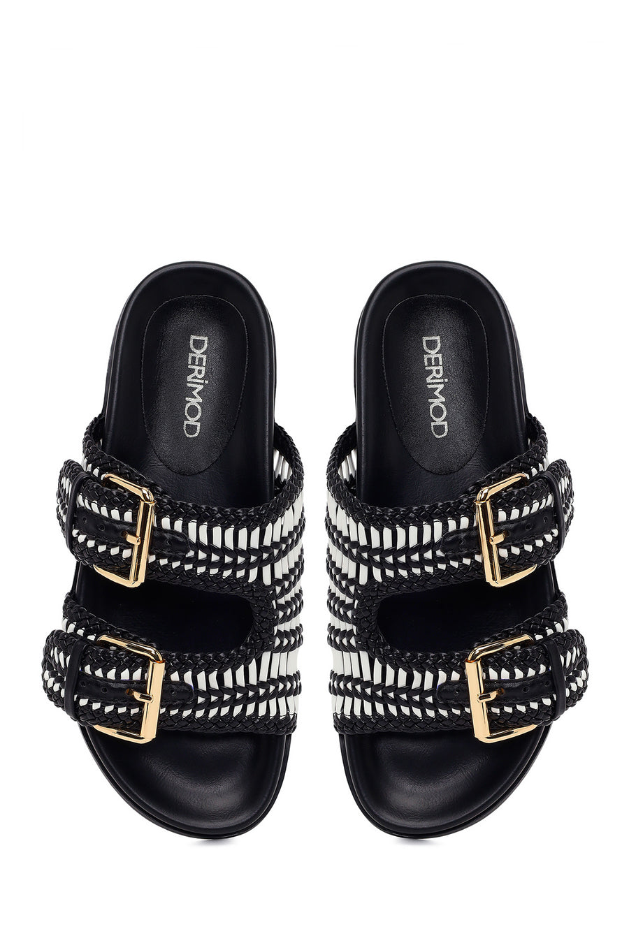 Woman Black Double-Buckle Braided Slipper