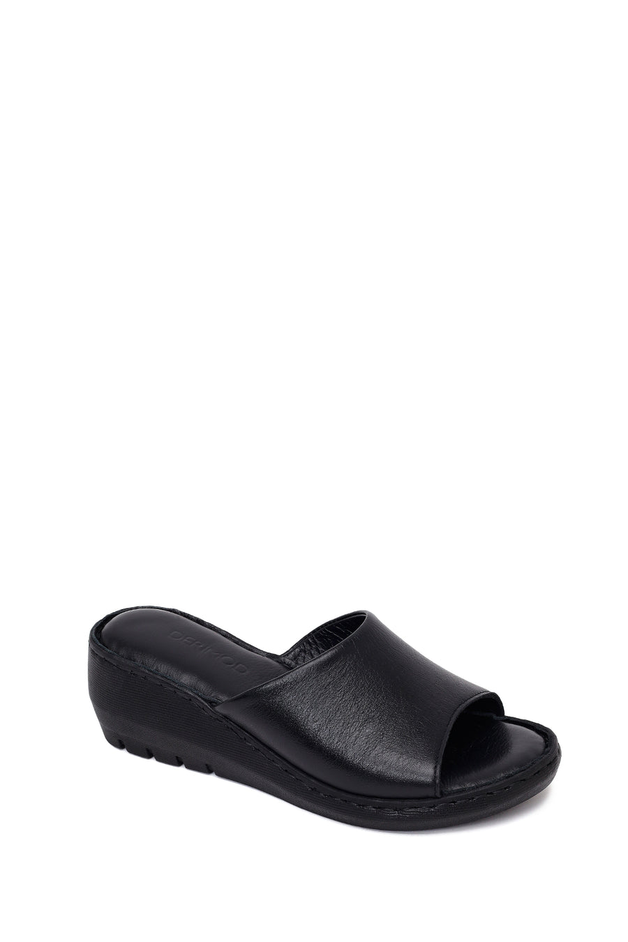 Woman Black Wedge Heel Leather Comfort Slipper