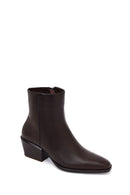 Woman Brown Zip Closure Short Thick-Heeled Leather Cowboy Boots | Derimod