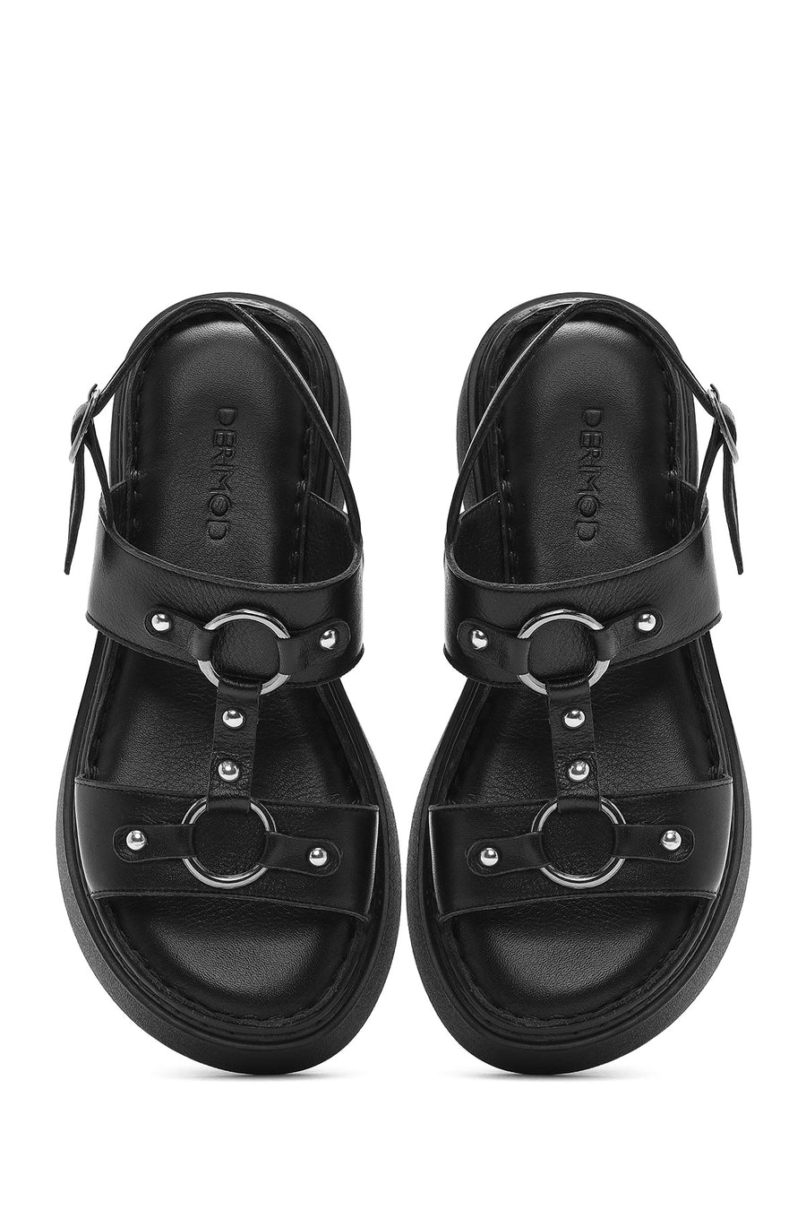 Women's Black Ankle Buckle Thick Soled Leather Comfort Sandals