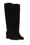 Woman Black Thick-Heeled Suede Boots | Derimod