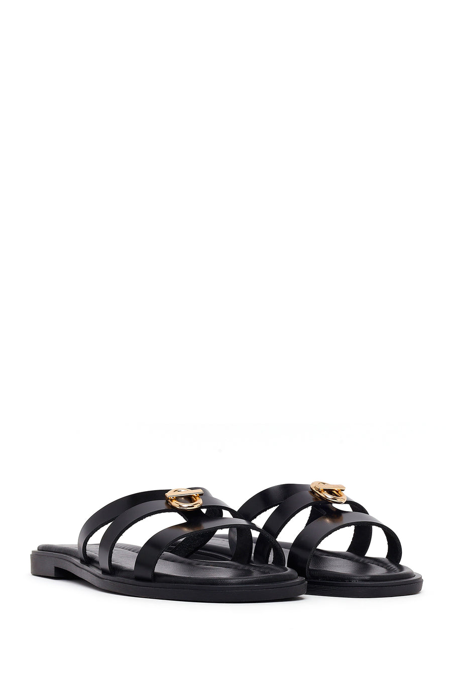Woman Black Buckled Leather Slippers