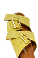 Women's Yellow Double Buckle Suede Leather Slippers | Derimod