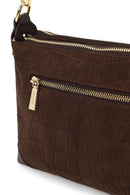 Woman Brown Printed Long-Strap Suede Shoulder Bag | Derimod