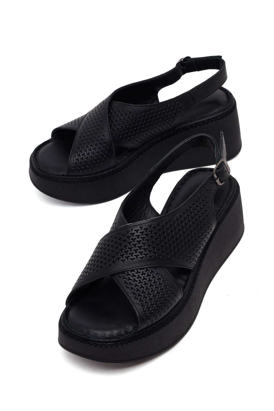 Woman Black Ankle-Buckle Wedge-Heel Leather Comfort Sandal