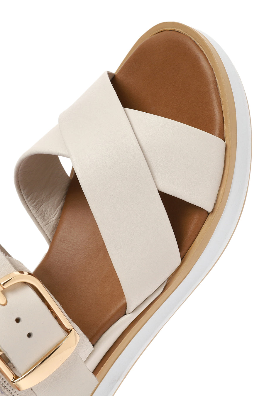 Women's Cream Ankle Buckle Thick Soled Leather Sandals