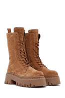 Women's Tan Thick Soled Zippered Suede Leather Boots | Derimod