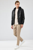 Niko Men's Black Hooded Leather Jacket | Derimod