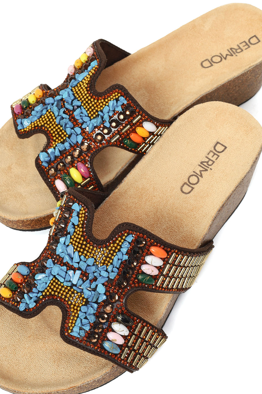 Woman Brown Embellished Wedge-heel Slippers