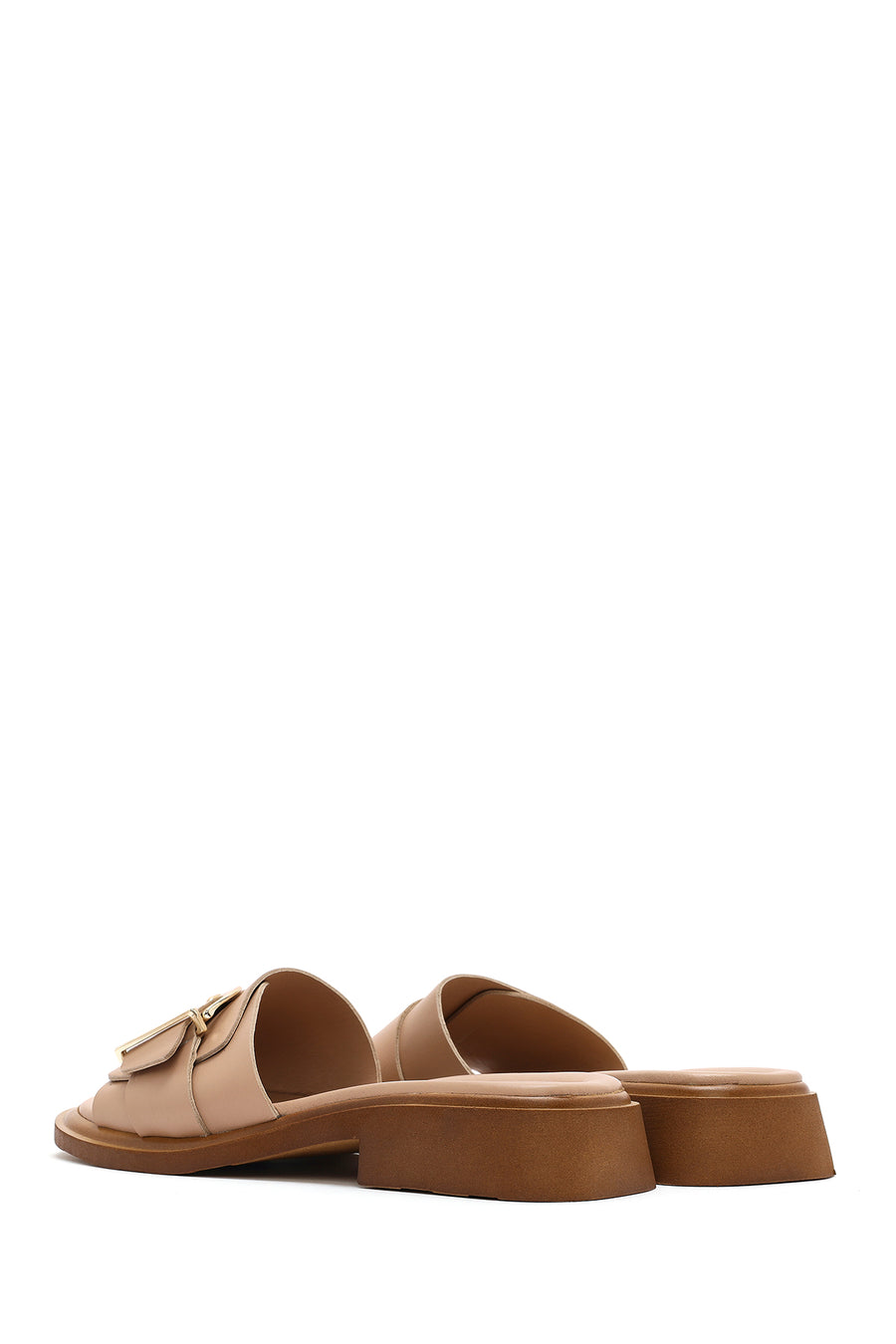 Women's Beige Buckled Leather Slippers