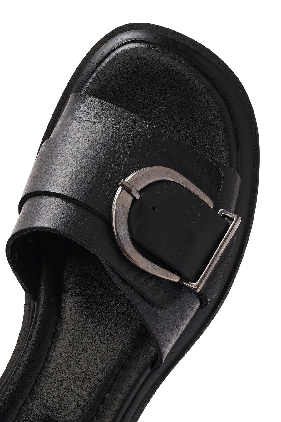 Women's Black Buckle Leather Slippers
