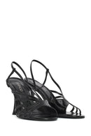 Women's Black Ankle Buckle High Thin Heel Metallic Leather Sandals | Derimod