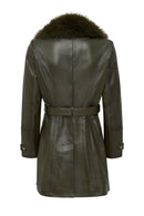 Rhoda Women's Khaki Collar Fur Belt Detailed Leather Coat | Derimod