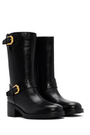 Women's Black Zippered Buckle Detailed Leather Boots | Derimod