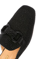 Women's Black Straw Leather Slippers | Derimod